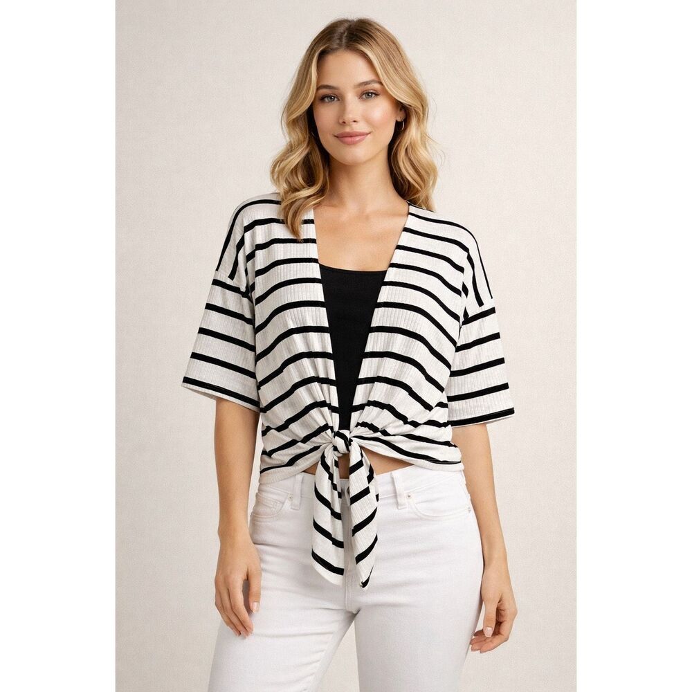 Cato Black White Striped Tie Front Cardigan Top Size S NWT